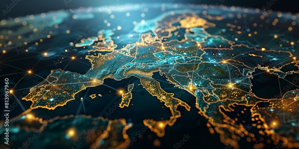 A digital map of Europe with glowing connections between cities ...