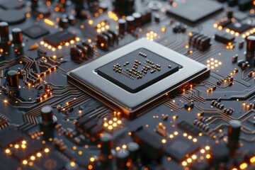 Poster - Detailed view of a computer chip on a circuit board. Suitable for technology concepts