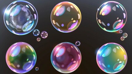 Poster - This modern realistic illustration of shampoo and water balls with light reflection on an iridescent surface is ideal for laundry or bathroom design.