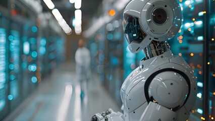 Aufkleber - A robot stands among servers in a room filled with technology equipment.