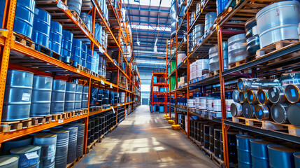 Sticker - A large industrial warehouse interior filled with rows of stocked shelves with colorful chemical or industrial barrels.