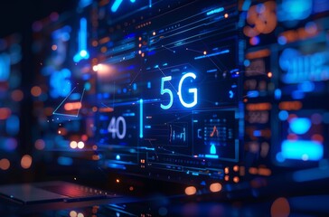 Poster - Futuristic computer interface with 5G technology and digital information flow