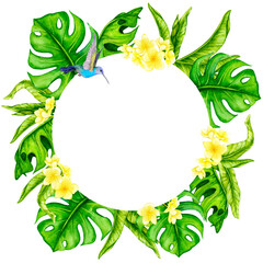 Round frame of tropical leaves, frangipani flowers. Watercolor botanical illustration. Flower composition. Design for invitations, posters, cards, greeting cards, fabric printing, etc.
