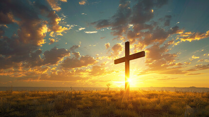 A Christian cross on a peaceful prairie, illuminated by a spectacular sunset that bathes the whole landscape in golden light, contrasting sharply with the simple, stark shape of the cross.