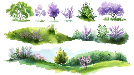 Wall Mural - Lush Verdant Landscape with Flourishing Trees and Vibrant Blooming Flowers in Scenic Pastoral Setting
