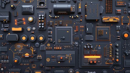 Poster - various electronic components on a black surface. suitable for technology and innovation concepts