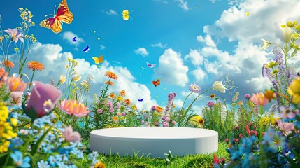 Poster - 3D podium product display with nature. Podium in nature. Background for product presentation. 