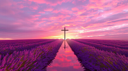 Wall Mural - A Christian cross at the center of a lavender field during sunset, with the sky transitioning from pink to purple, reflecting the colors of the field and illuminating the cross from behind.