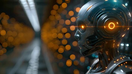 Leinwandbilder - A robot with glowing eyes stands in front of a brightly lit wall of lights, casting an eerie yet captivating presence.