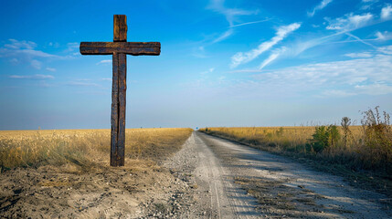 Wall Mural - A Christian cross on a rural road, with a bright midday sky providing a stark blue canvas that makes the wooden cross stand out dramatically as a beacon.