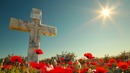 Wall Mural - A Christian cross carved from white marble, standing in a field of bright red poppies under a clear, sunny sky, symbolizing peace and sacrifice.