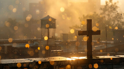 Wall Mural - A Christian cross on a rooftop terrace in an urban setting during a foggy morning, with the rising sun creating a golden bokeh effect that cuts through the fog and highlights the cross.