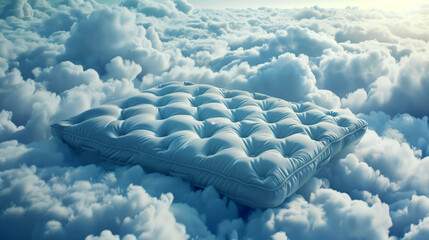 Canvas Print - A surreal image featuring a large, plush mattress floating amid a sea of fluffy clouds under a soft blue sky.