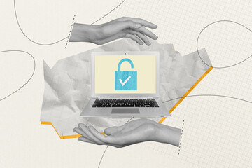 Aufkleber - Composite photo collage of hand show unlock macbook device hacker cyberattack spyware decode soft success isolated on painted background