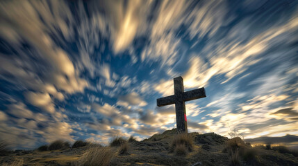 Wall Mural - A Christian cross on a windswept hill with a dynamic sky, where moving clouds create a fast-changing pattern of light and shadow, emphasizing the steadfastness of the cross.