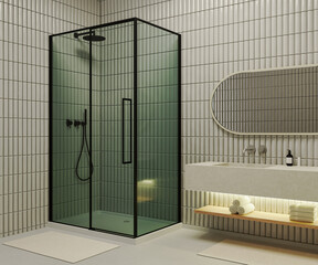 Wall Mural - Modern bathroom interior with  shower cabin and stone sink with mirror, cosmetics and towels, 3d rendering