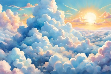 Cartoon sky background filled with fluffy white clouds