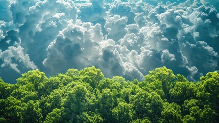 Sticker - A lush canopy of emerald green trees draped under a blanket of soft billowing white clouds