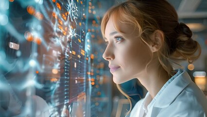 Fototapete - A woman wearing a white shirt is focused on a screen in front of her.