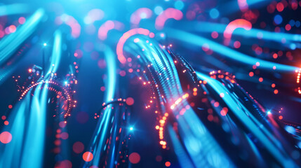 Sticker - Abstract digital background featuring glowing blue fiber optic cables with red light particles.