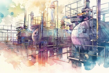 Wall Mural - Detailed watercolor painting of an industrial plant, suitable for industrial themes