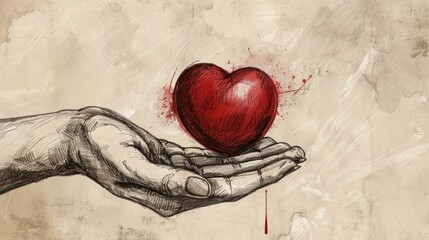 Wall Mural - A hand offers a crimson heart in a drawing symbolizing blood donation and World Blood Donor Day