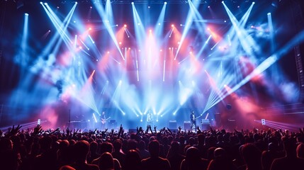 Wall Mural - Dynamic concert scene with musicians on stage, crowd cheering, and vibrant light show.