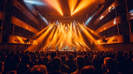 Wall Mural - Crowd of people watching a concert with vibrant lighting on stage at a modern venue.