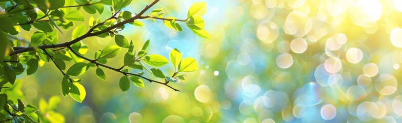 Wall Mural - Blurred background of green trees and blue sky with sunlight Abstract summer nature bokeh banner, copy space for text, blurred effect photo Generative AI