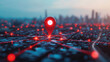 A red location pin on top of an urban cityscape, surrounded by glowing lines representing network connections and digital networks