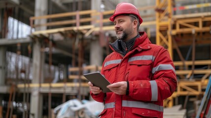 Wall Mural - Middle-aged construction worker in red safety gear using a tablet at a construction site.