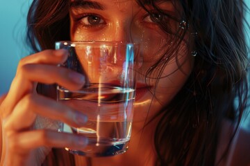 Poster - A woman holding a glass of water in front of her face. Suitable for health and wellness concepts