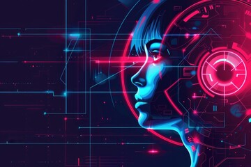 Poster - A woman standing with headphones in front of a futuristic backdrop. Suitable for technology concepts