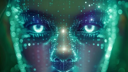 Aufkleber - A close-up of a womans face with piercing green eyes emitting a soft, other-worldly glow.