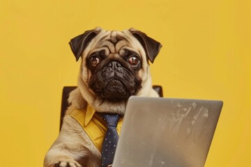 Poster - Pug dog sitting at a desk with a laptop. Perfect for business and technology concepts