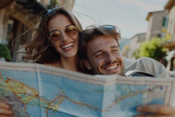 Aufkleber - A man and a woman studying a map, perfect for travel concepts