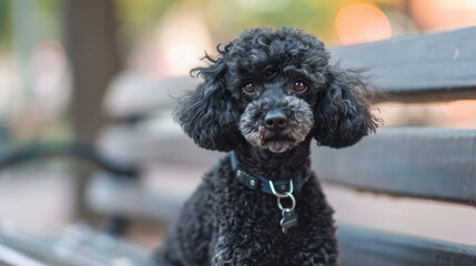 Poster - A black poodle is seated close to a bench on the street