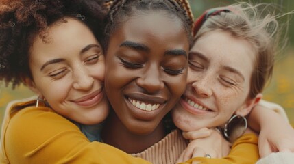 Poster - Three women embracing in a beautiful field, perfect for friendship or togetherness concepts