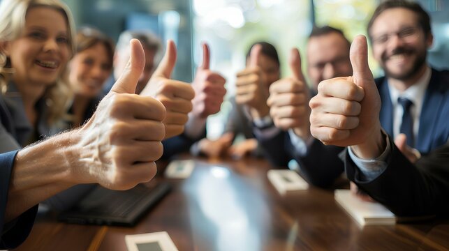 A team of businessmen and businesswomen gathered around a conference table, raising their thumbs up in agreement, celebrating a collaborative effort and expressing gratitude.