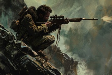 Poster - A man holding a rifle on a mountain, suitable for outdoor and hunting themes