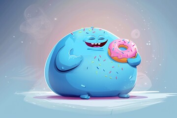 Poster - Cartoon character holding a delicious donut with sprinkles. Perfect for food and dessert concepts