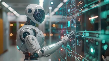 Fototapete - A robot touches a massive wall of data in a bustling data center, symbolizing digital information processing and connectivity.