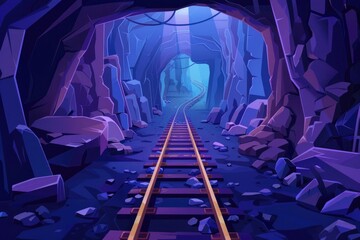 Poster - A train moving through a tunnel with rocky walls. Suitable for transportation concepts