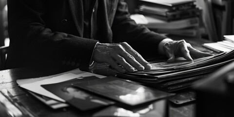 Aufkleber - A black and white photo of a person working on a piece of paper. Suitable for office or creative concept