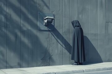 Wall Mural - A person in a black cloak standing by a wall. Suitable for mystery or horror themes