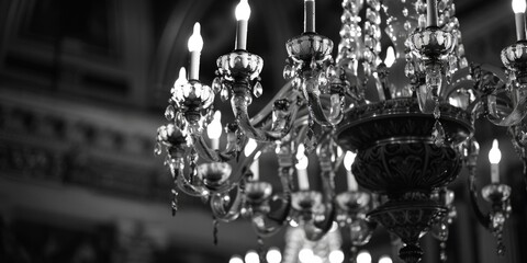 Poster - Stylish black and white photo of a chandelier, perfect for interior design projects