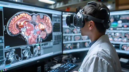 Poster - A man in a white lab coat is focused on reviewing information displayed on a computer screen in a research or scientific setting.