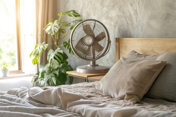 Poster - A bed with a fan next to a window, suitable for home decor ideas