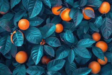 Poster - Fresh oranges on a bed of green leaves, perfect for food and nature concepts