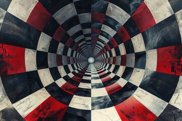 Poster - A visually captivating digital artwork featuring a deep spiral tunnel pattern in a stark black, white, and red color scheme, with a textured, distressed finish.
